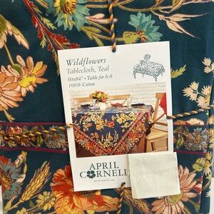 APRIL CORNELL TABLECLOTH 60 X 84 WILDFLOWERS TEAL Cotton Seats 6-8 New